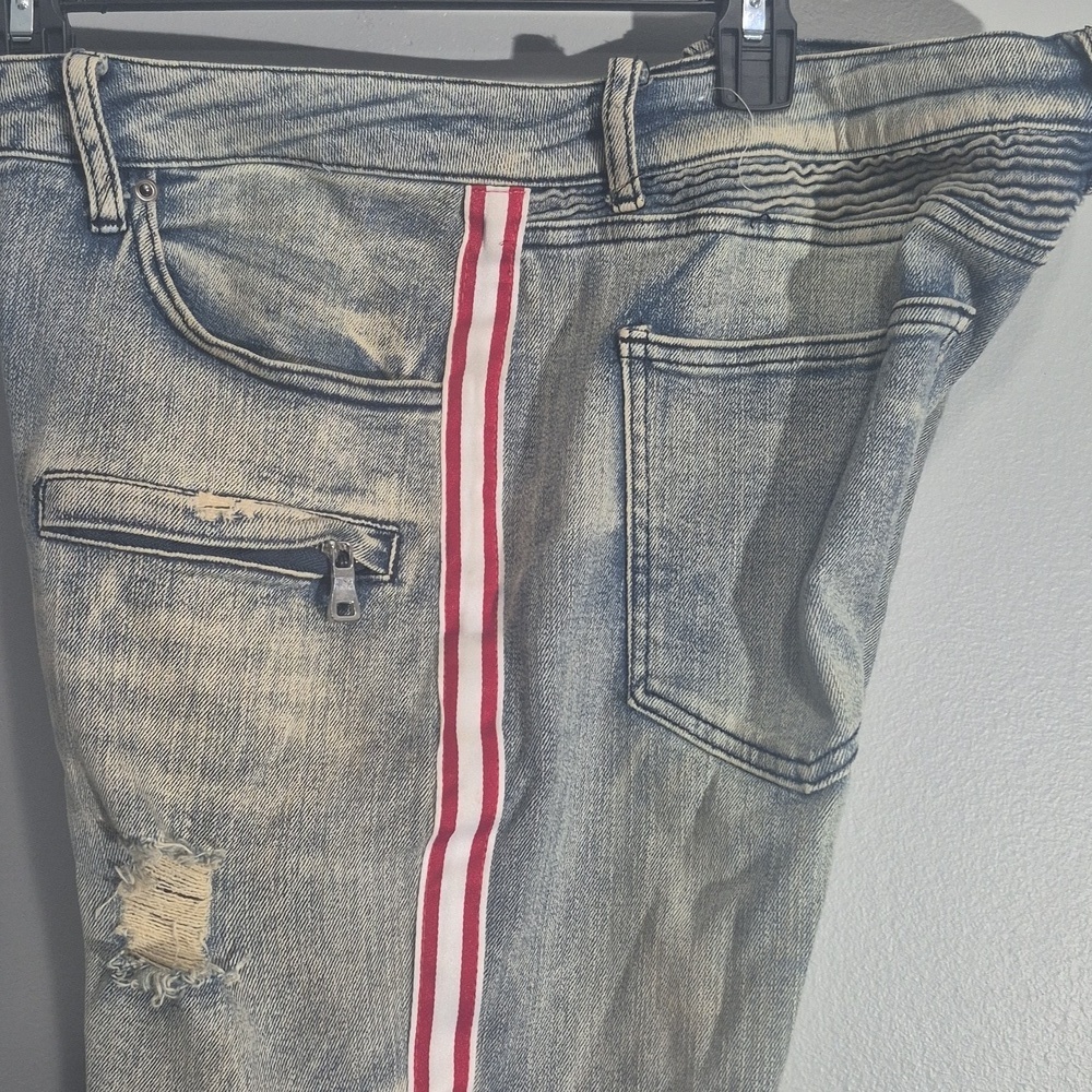 Rue21 Premium Blue Biker Denim Moto Jeans Skinny Supreme Flex Men's Size 34X32 - Picture 5 of 9